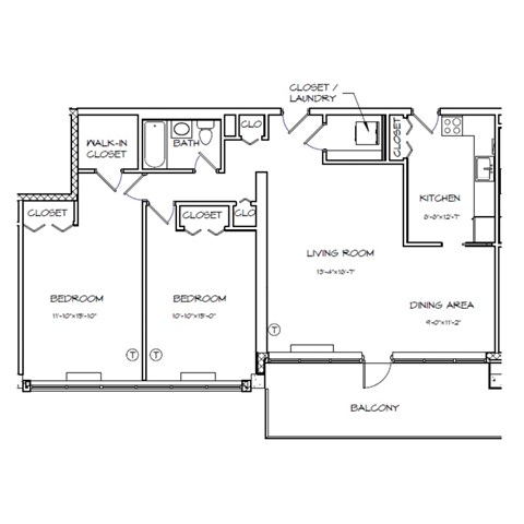 Floor plan for 2 beds, 1 bath, 1092 sqft